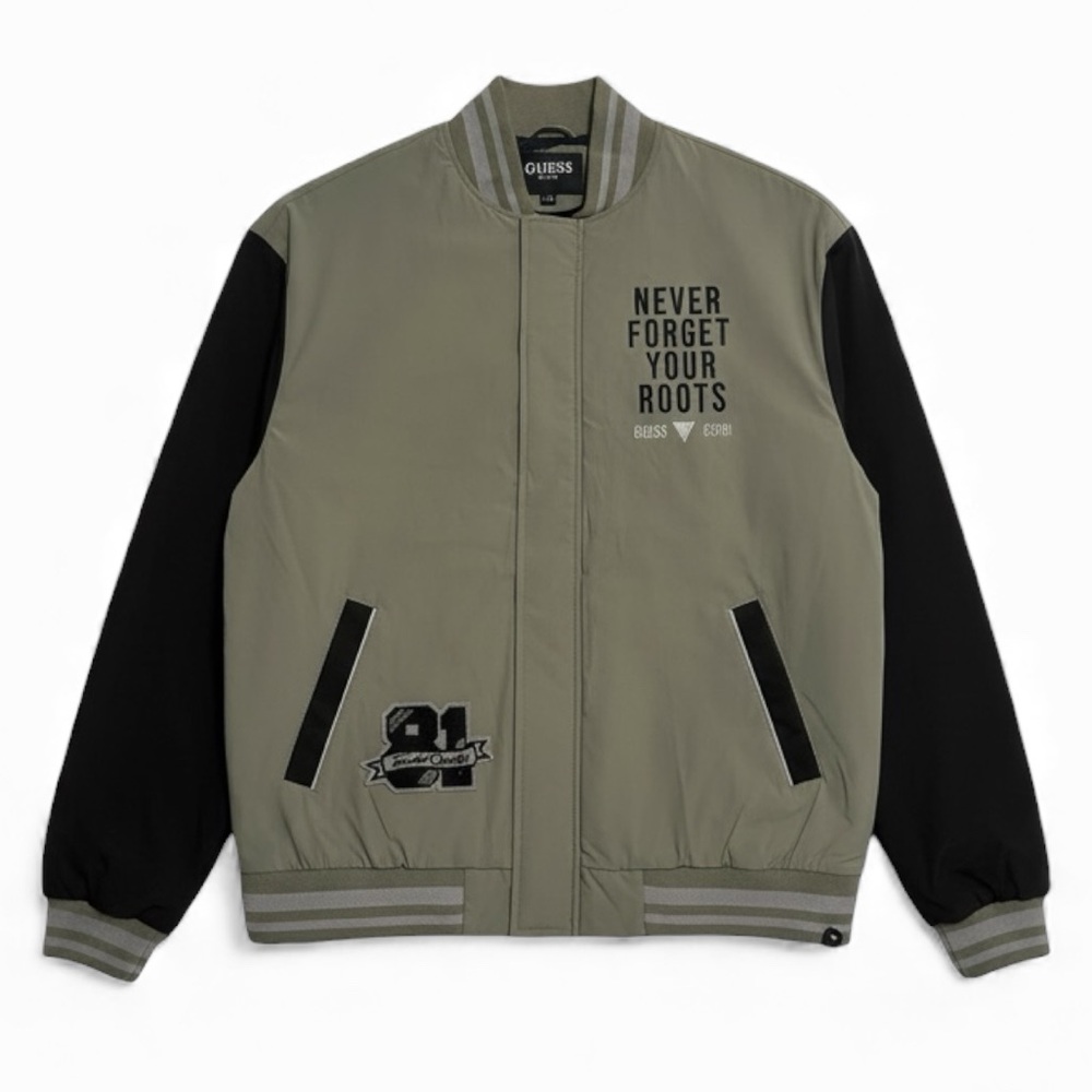 Guess Men's Olive Green Varsity Bomber Jacket